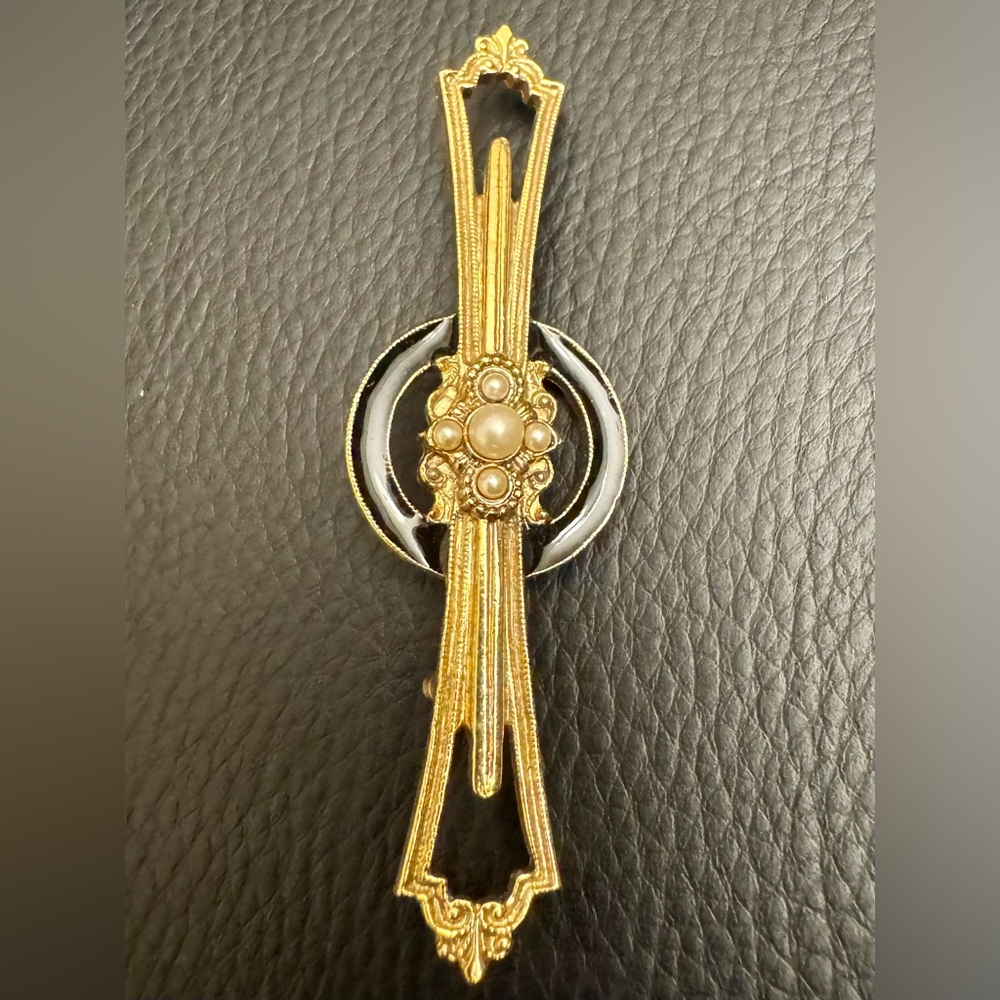 Vintage Art Deco Jewelry Gold Tone Black Enamel Faux Pearls Pin Brooch 3” Long